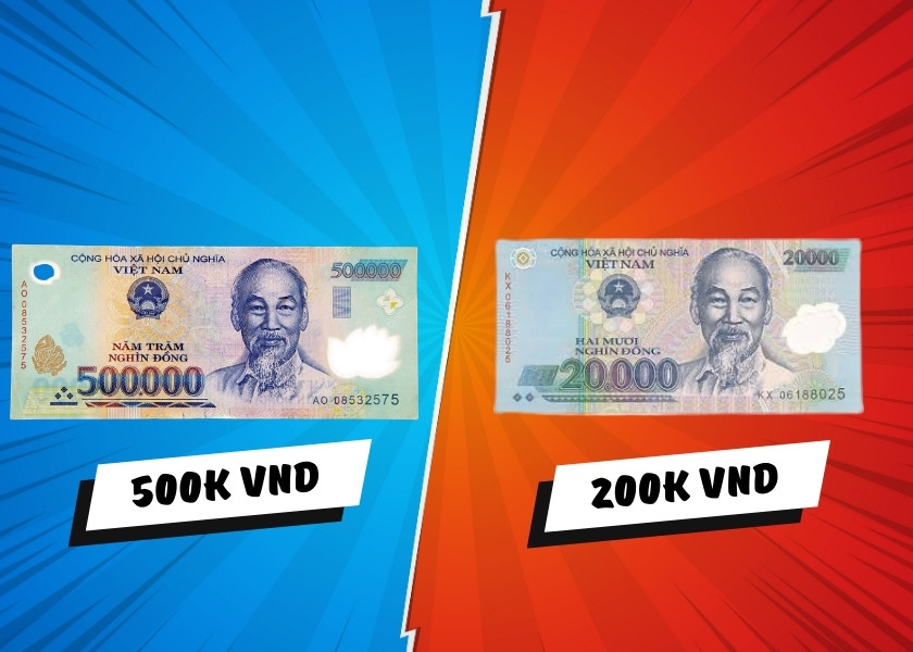 A sinistra la banconota da 500.000 dong, a destra quella da 20.000 dong