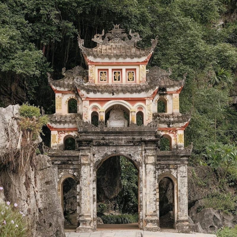 The pagoda's moss-covered portal bears witness to centuries of history