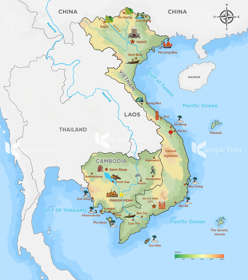 Il Vietnam confina con Cina, Laos, Cambogia e il Mare Orientale