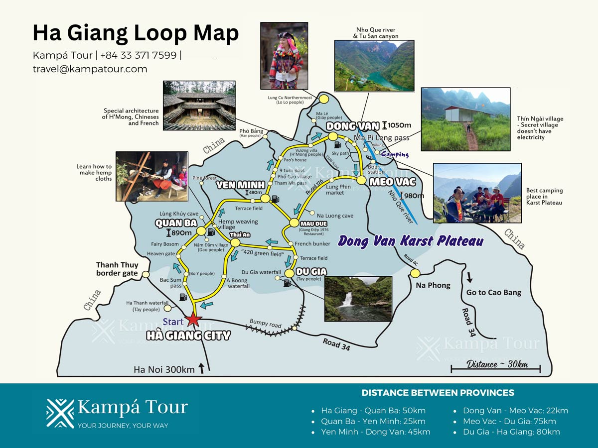 Mappa del Ha Giang Loop con le principali tappe e attrazioni