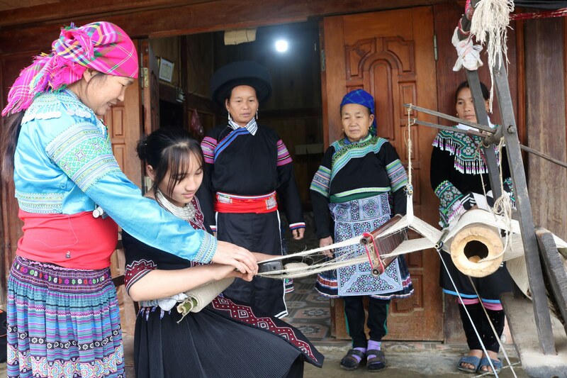 Ragazze Hmong tessono abiti per il Tet
