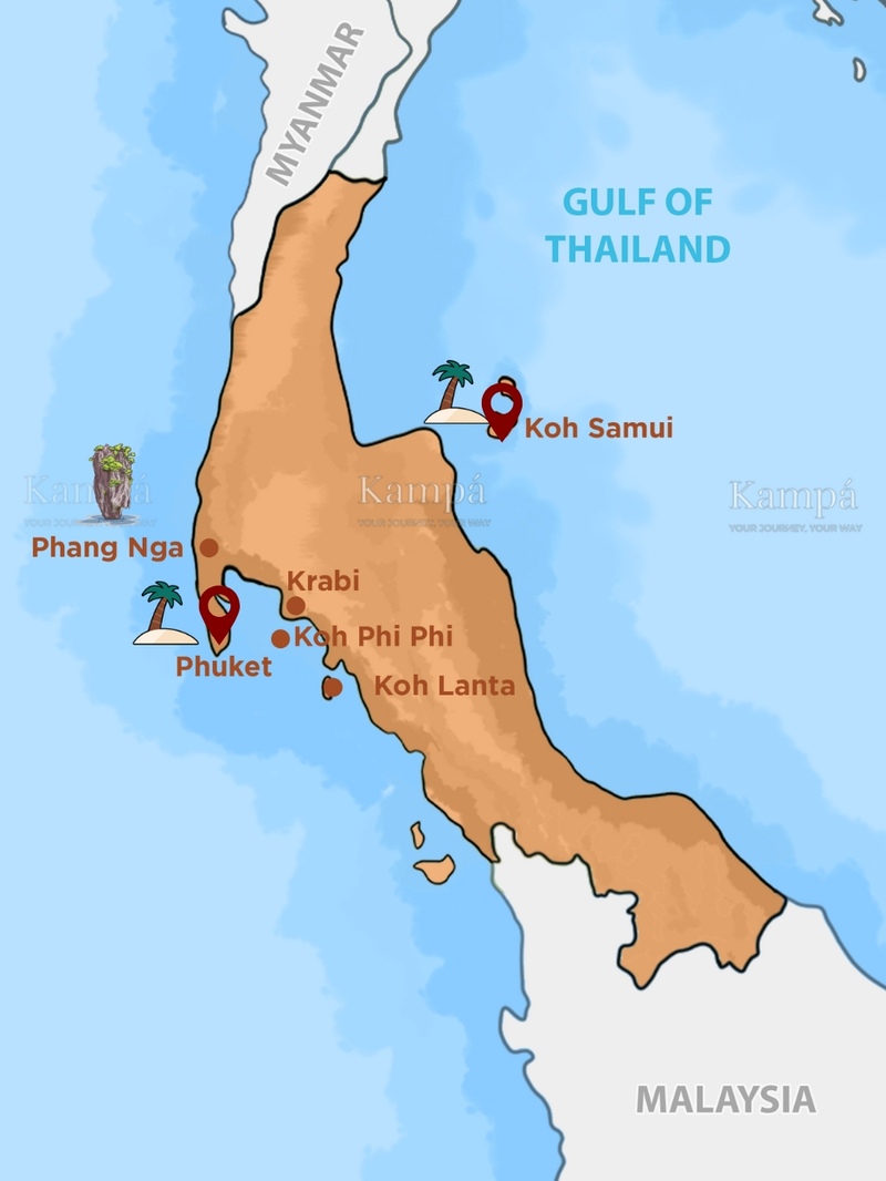 Mappa che mostra Phuket e Koh Samui sulle coste opposte del Sud della Thailandia