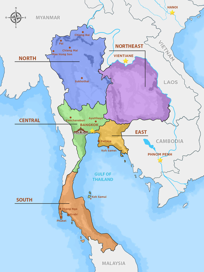 Mappa della Thailandia e della sua parte meridionale