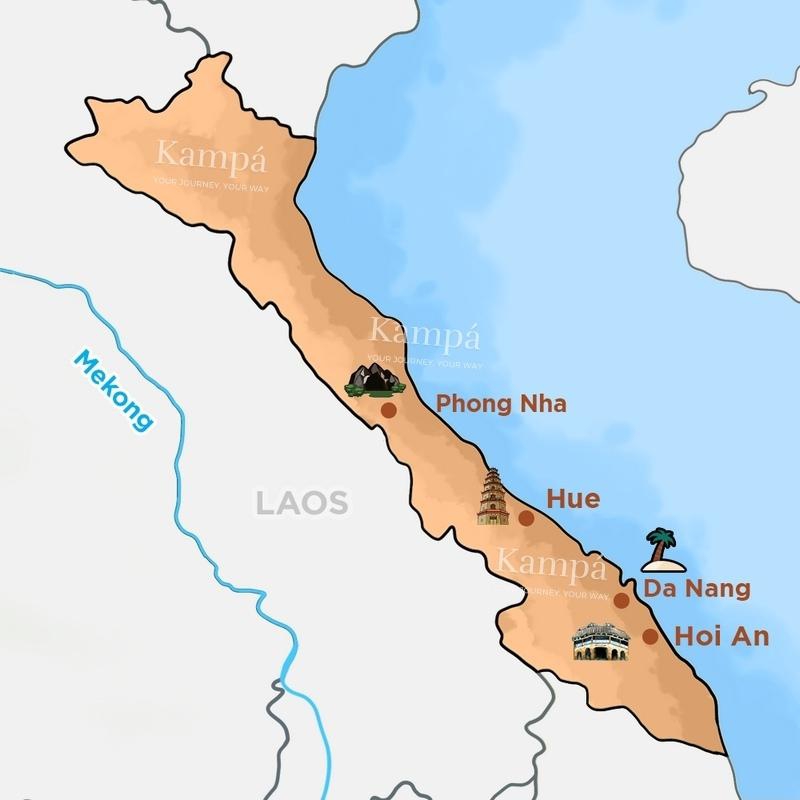 Mappa della regione centrale del Vietnam e le sue attrazioni turistiche.