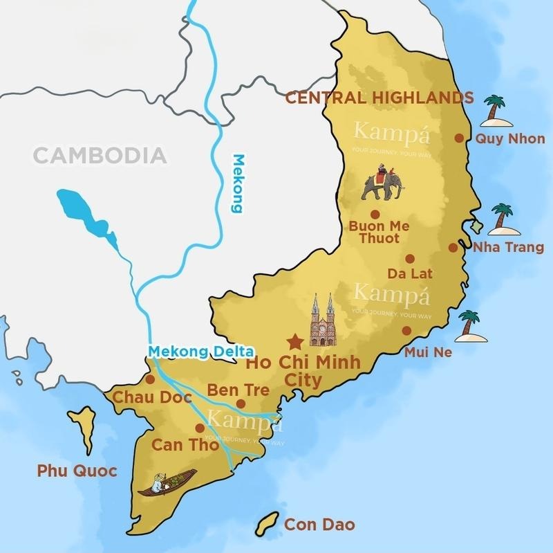Mappa del Vietnam meridionale e i suoi siti turistici.